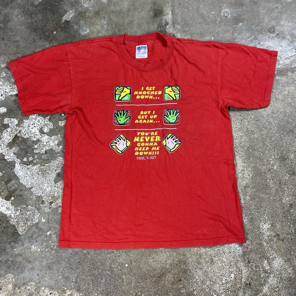 Vintage 90s Chumbawamba T-Shirt Size Large Red Tubthumping Lyric Graphic